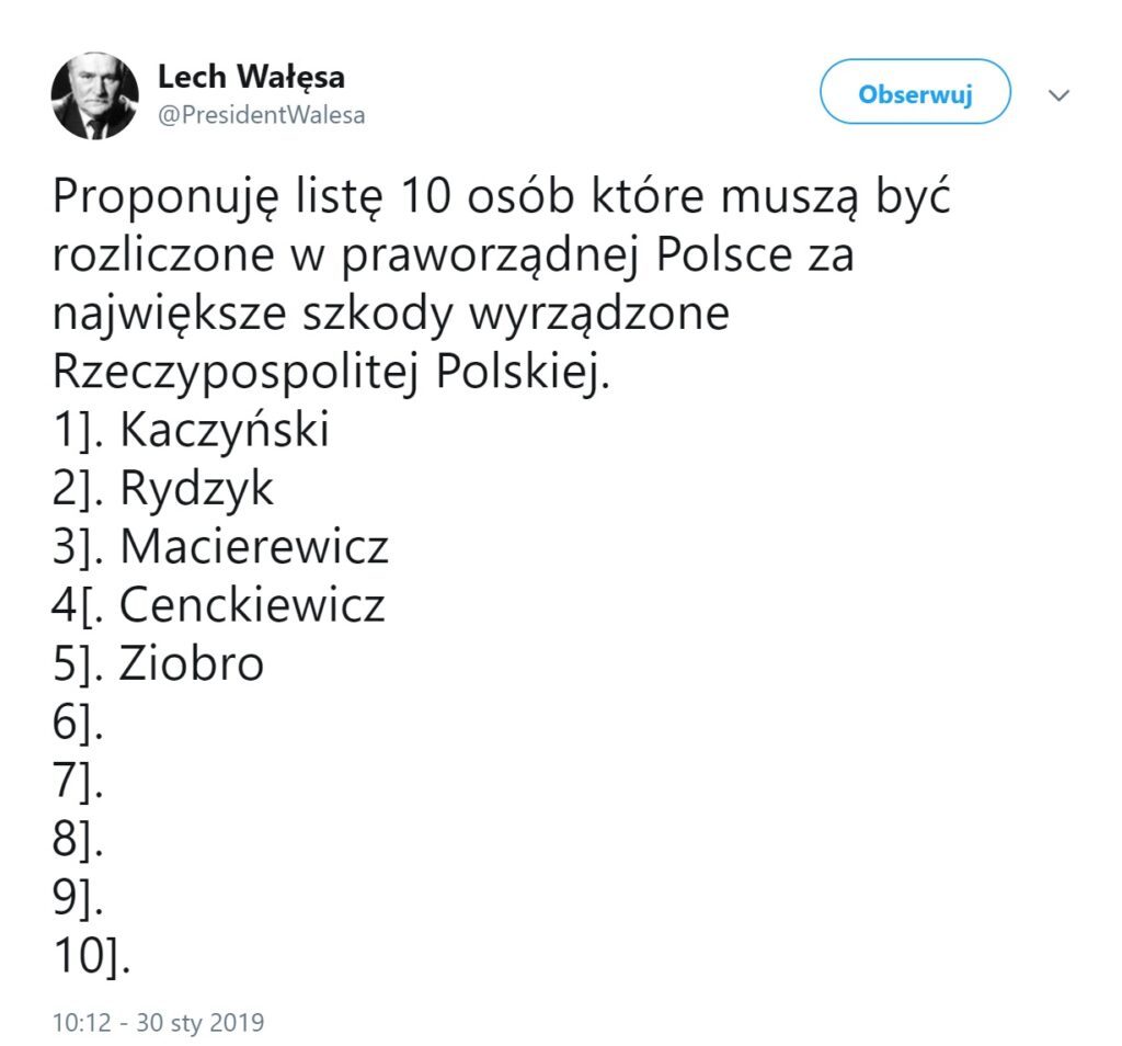 Wałęsa zrobił listę „osób do rozliczenia po wyborach”. Jest na niej 5 polityków