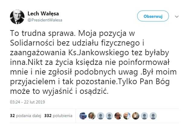 Wałęsa broni ks. Jankowskiego przed zarzutami o pedofilię. "Nie jestem w stanie w to uwierzyć"