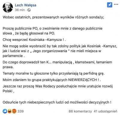 Lech Wałęsa popiera PSL. Wiceprezes ludowców: nie zabiegaliśmy o ten głos