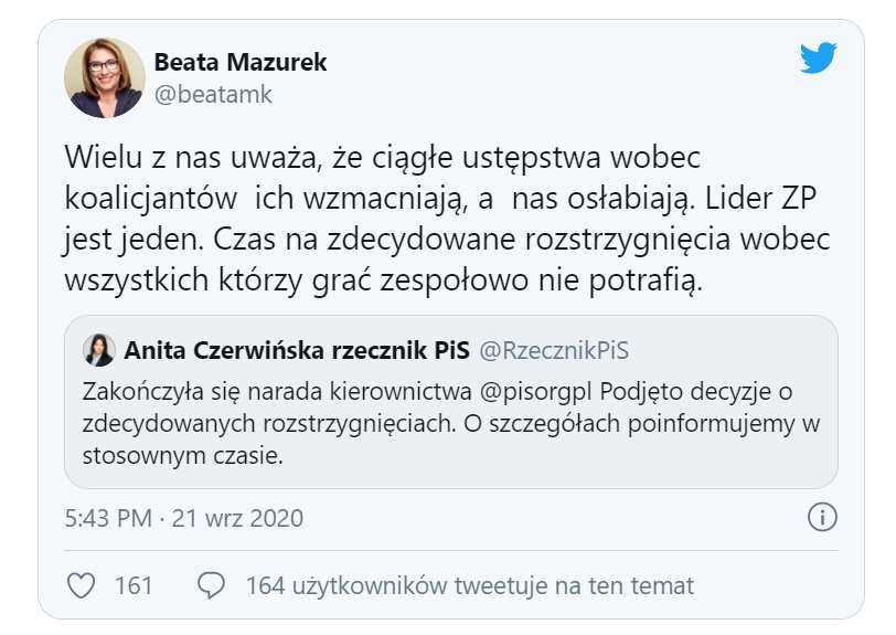 Beata Mazurek: czas na zdecydowane rozstrzygnięcia wobec wszystkich, którzy grać zespołowo nie potrafią