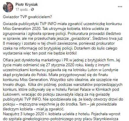 Gwiazdor TVP oskarżony o gwałt? Piotr Krysiak informuje o ogromnej aferze w Telewizji Publicznej