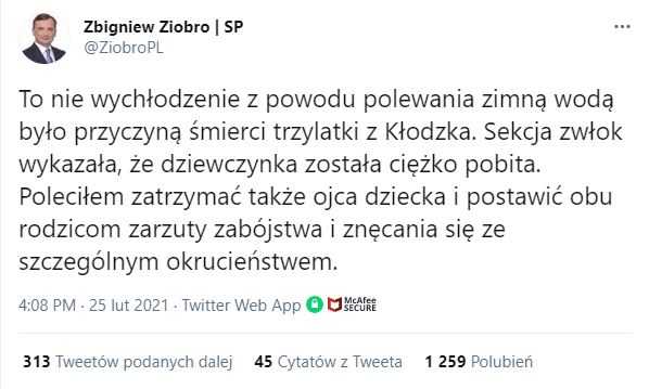 Zbigniew Ziobro ujawnił przyczynę śmierci 3-latki, którą matka polewała lodowatą wodą