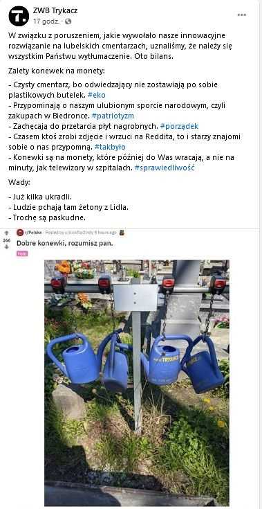 Supermarket na cmentarzu? Konewki „na monetę” pojawiły się na polskich cmentarzach