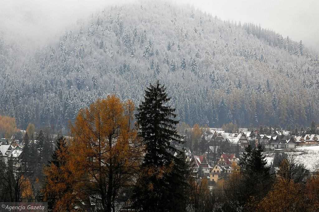 Pogoda. W Tatrach spadł śnieg. Pobielone dachy domów w Zakopanem, na szlakach oblodzenia