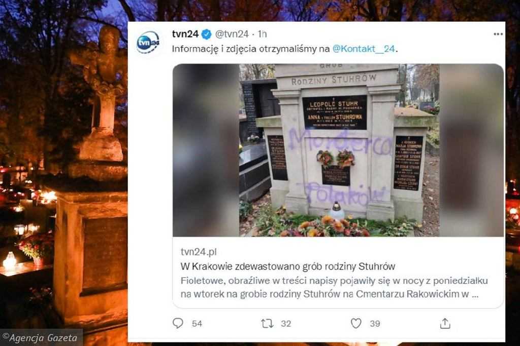 Kraków. Zdewastowano rodzinny grób Stuhrów. Obraźliwe napisy