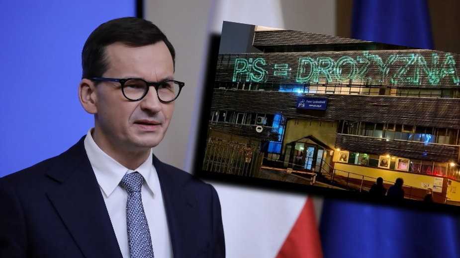 Specjalny napis wyświetlany na siedzibie PiS w Warszawie. "PiS=drożyzna"