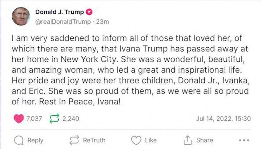Nie żyje Ivana Trump, pierwsza żona byłego prezydenta USA